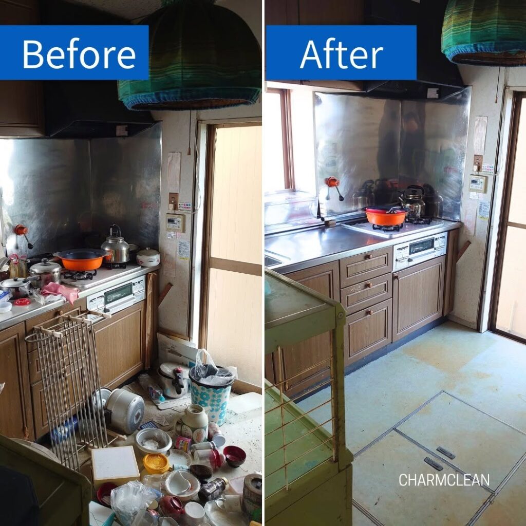 物が散乱した台所の掃除のビフォー・アフター