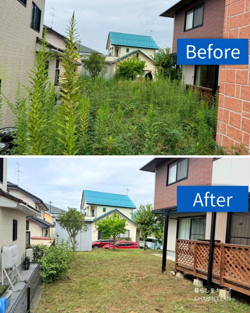 雑草が生い茂った庭の掃除のビフォー・アフター