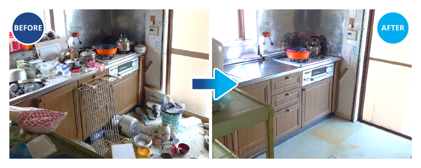 物が散乱した台所のビフォー・アフター