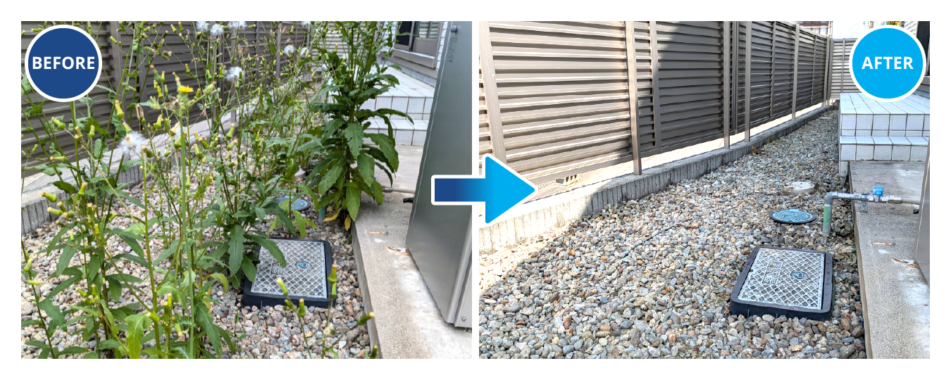 雑草の生えた敷地の掃除のビフォー・アフター