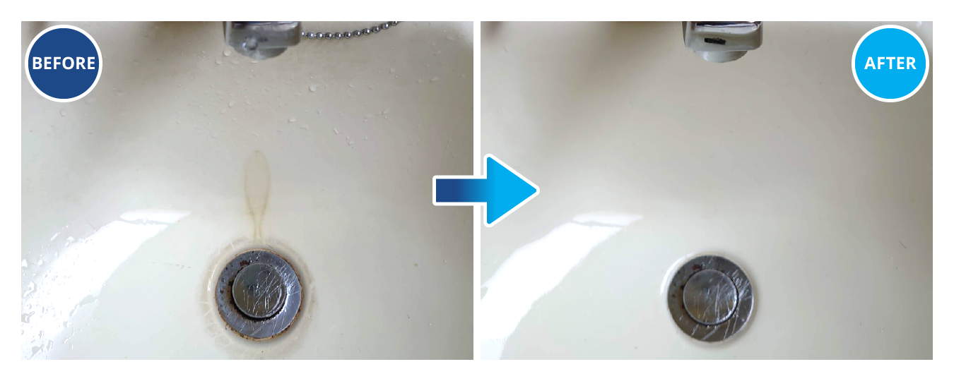 シミがついた洗面台の掃除のビフォー・アフター