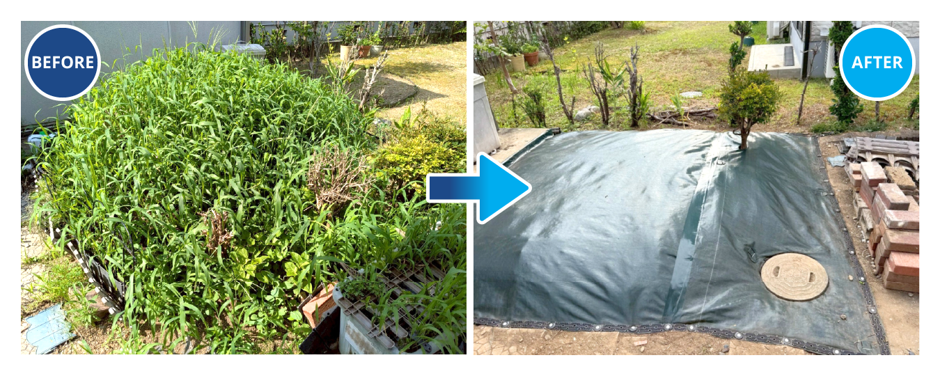 防草シートの敷設のビフォー・アフター